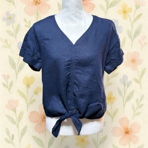 Charter Club 100% Linen Navy Tie Front Top V-Neck Short Sleeve Summer Blouse